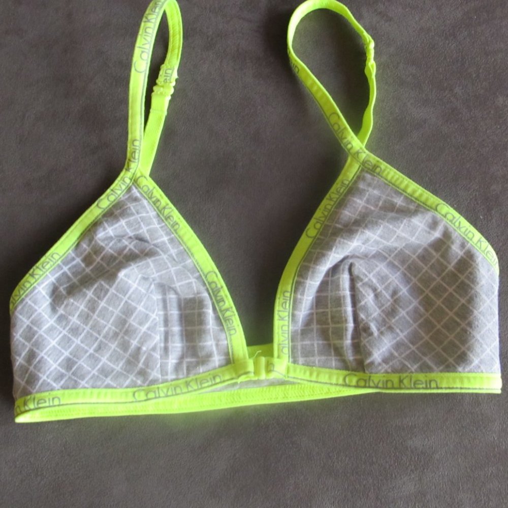 Neon Yellow & Grey Calvin Klein Bra Unlined Bralette Medium Front Close